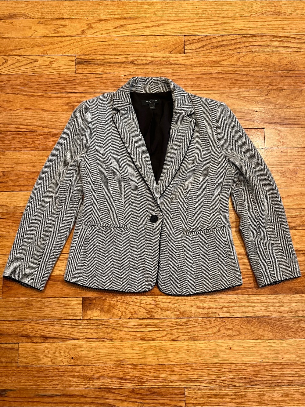 Classic Ann Taylor Grey and Black Herringbone Single-Button Blazer